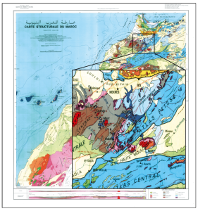 Carte géologique du Maroc, détail du Moyen-Atlas Modifiée d'après AntimonyWorld.com